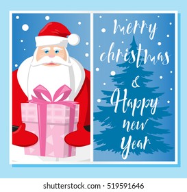 Merry Christmas and Happy New Year. Santa Claus, gift box and christmas tree silhouette. Vintage lettering. Concept design greeting card, banner, flyer or poster. Cartoon style. Vector illustration
