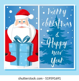 Merry Christmas and Happy New Year. Santa Claus, gift box and christmas tree silhouette. Vintage lettering. Concept design greeting card, banner, flyer or poster. Cartoon style. Vector illustration