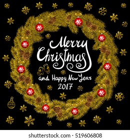 Merry Christmas And Happy New Year 2017 Vintage Background With Typography card with gold Christmas wreath. Vector illustration. art