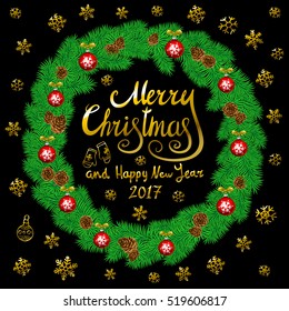 Merry Christmas And Happy New Year 2017 Vintage Background With Typography card with green Christmas wreath. Vector illustration. art