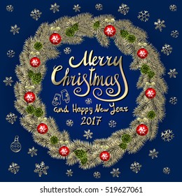 Merry Christmas And Happy New Year 2017 Vintage Background With Typography card with gold Christmas wreath. Vector illustration. art