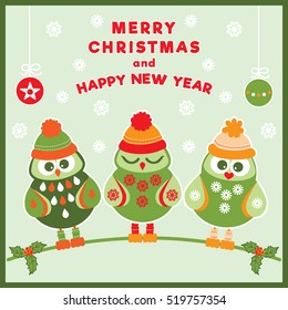 Merry Christmas and Happy New Year - Colorful Greeting Card with three cute cartoon  owls sitting on a branch