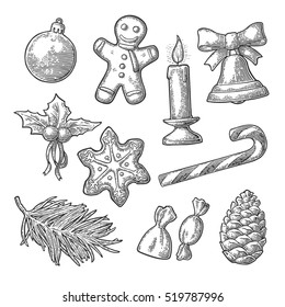 Merry Christmas and Happy New Year set. Gingerbread man, pine cone, candy, mistletoe, candle, fir branch, bell, star, toy. Isolated on white background. Vector vintage black engraving illustration.