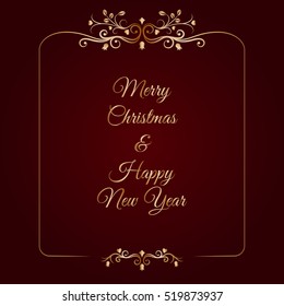  Merry Christmas and happy New Year- golden text in a decorative frame. Vector illustration.