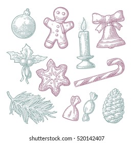 Merry Christmas and Happy New Year set. Gingerbread man, pine cone, candy, mistletoe, candle, fir branch, bell, star, toy. Isolated on white background. Vector vintage color engraving illustration.