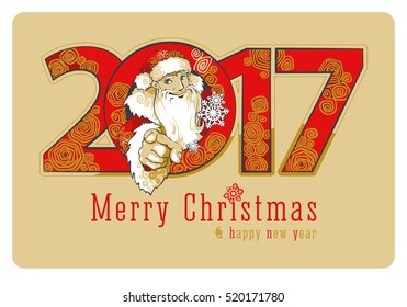 Merry Christmas and Happy New Year 2017 greeting card, vector illustration. Smiling friendly young man in costume of Santa Claus pointing finger at the viewer and the inscription numbers 2017