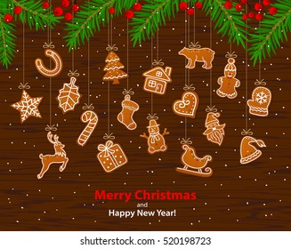 Merry Christmas and Happy New Year winter greeting card background with hanging on ropes  gingerbread cookies .Old rustic wood texture with berries and xmas pine tree branches