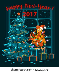 Merry Christmas and Happy New Year 2017 winter card with cute funny Rooster wrapped with xmas lights, standing on presents. 