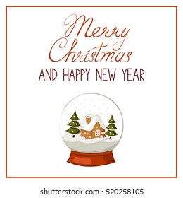 Merry Christmas and happy new year poster. A snow globe with a house, Christmas trees, snowman and snow drifts.