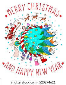 Merry Christmas and Happy New Year card. Vector childish illustration. Greeting postcard.