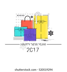 Merry Christmas Happy New Year Simple Line Sketch Banner Card Outline Vector Illustration
