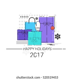 Merry Christmas Happy New Year Simple Line Sketch Banner Card Outline Vector Illustration