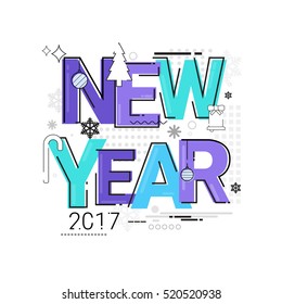 Merry Christmas Happy New Year Simple Line Sketch Banner Card Outline Vector Illustration