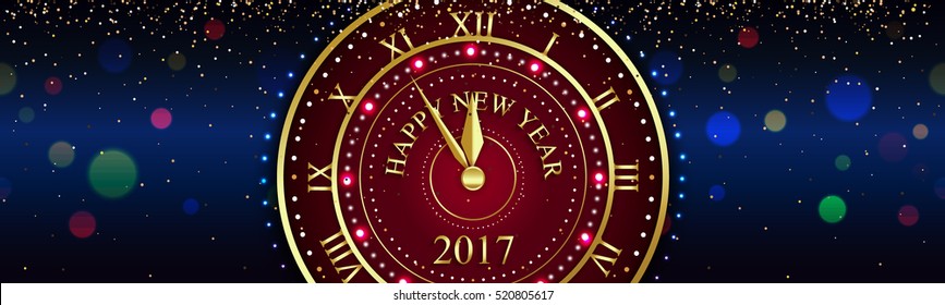 Merry Christmas and Happy New Year horizontal banner with clock for shop, signboard, website header