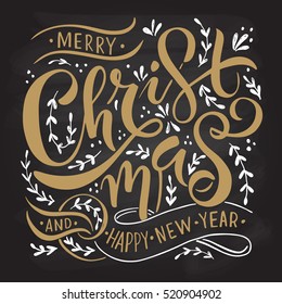 "Merry Christmas & Happy New Year" greeting card. Lettering celebration logo. Typography which is connected with winter holidays. Calligraphic poster on textured background. Postcard motive.