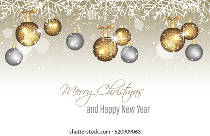 Merry Christmas and Happy New Year vector banner with snowflakes, snow, blurred circles, golden and silver hanging baubles.