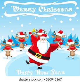 Merry Christmas and Happy New Year landscape. Santa Claus and team reindeer dancing outdoor on christmas trees background. Concept design poster, banner, flyer, greeting card. Vector. Cartoon style