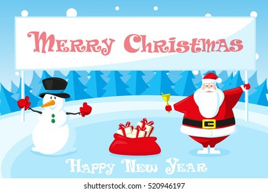 Merry Christmas and Happy New Year landscape. Cute Santa Claus and Snowman outdoor with holiday banner on blue background. Concept design poster, banner, flyer or greeting card. Vector. Cartoon style