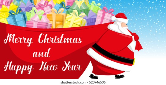Merry Christmas and Happy New Year banner. Cute Santa Claus goes with big red bag gift boxes on background snowflakes. Cartoon style. Concept design poster, greeting card or flyer. Vector illustration