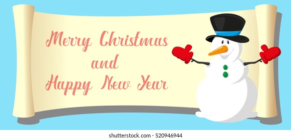 Merry Christmas and Happy New Year banner. Snowman on paper roll backdrop, isolated on blue background. Concept design for poster, flyer, invitation. Cartoon style. Vector illustration