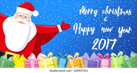 Merry Christmas and Happy New Year 2017 banner. Cute Santa Claus and gift boxes on background snowflakes. Hand drawn lettering. Cartoon style. Concept design poster, greeting card or flyer. Vector