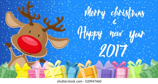 Merry Christmas and Happy New Year 2017 banner. Cute reindeer and gift boxes on background snowflakes. Hand drawn lettering. Cartoon style. Concept design poster, greeting card or flyer. Vector