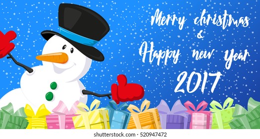 Merry Christmas and Happy New Year 2017 banner. Cute snowman in hat and gift boxes on background snowflakes. Hand drawn. Cartoon style. Concept design poster, greeting card, flyer. Vector illustration