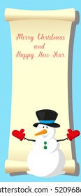 Merry Christmas and Happy New Year banner. Snowman on paper roll backdrop, isolated on blue background. Concept design for poster, flyer, invitation. Cartoon style. Vector illustration