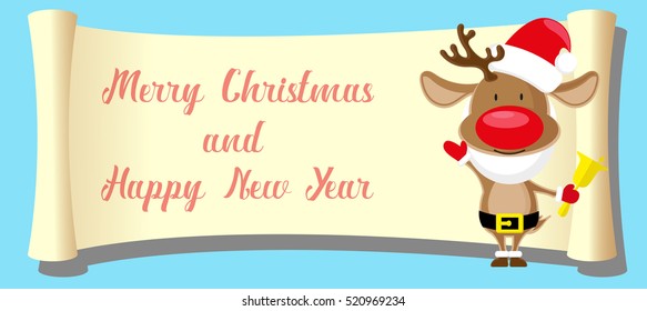 Merry Christmas and Happy New Year banner. Reindeer on paper roll backdrop, isolated on blue background. Concept design for poster, flyer, invitation. Cartoon style. Vector illustration