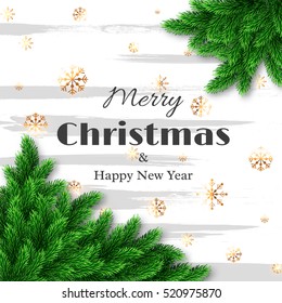 Merry Christmas and happy new year greeting card, fur-tree decoration with snowflakes. Vector illustration EPS 10.