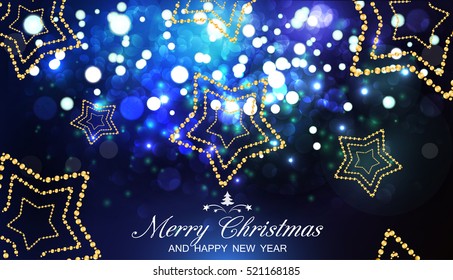 Merry Christmas and Happy New Year card. Vector bokeh background, festive defocused lights.