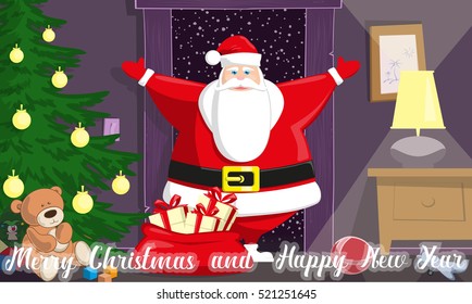 Merry Christmas and Happy New Year background. Cute Santa Claus with bag gift boxes enter inside kids room in door. Concept design holiday poster, banner, flyer, greeting cards. Cartoon style. Vector