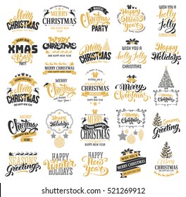 Merry Christmas and Happy New Year typography designs set.  Vector illustration.