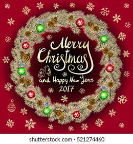 Merry Christmas And Happy New Year 2017 Vintage red Background With Typography card with gold Christmas wreath. Vector illustration. art