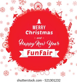 Merry Christmas and Happy New Year with amusement funfair and snowflakes background. Vector illustration