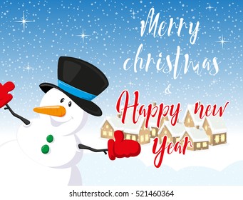Merry Christmas and Happy New Year background. Snowman, village houses silhouettes. Vintage lettering. Concept design greeting card, banner, flyer or poster. Cartoon style. Vector illustration