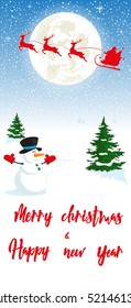 Merry Christmas and Happy New Year banner. Snowman, silhouettes fly deers and Santa Claus in sleigh on background moon. Concept design greeting card, flyer, poster. Cartoon style. Vector illustration