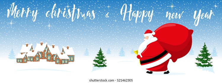 Merry Christmas and Happy New Year background. Santa Claus, bell, town houses silhouettes. Vintage lettering. Concept design greeting card, banner, flyer or poster. Cartoon style. Vector illustration