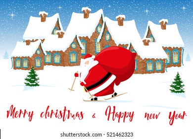 Merry Christmas and Happy New Year background. Santa Claus goes skiing, village silhouette. Vintage lettering. Concept design greeting card, banner, flyer or poster. Cartoon style. Vector illustration