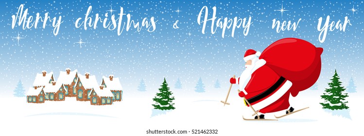 Merry Christmas and Happy New Year background. Santa Claus goes skiing, village silhouette. Vintage lettering. Concept design greeting card, banner, flyer or poster. Cartoon style. Vector illustration
