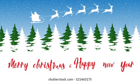 Merry Christmas and Happy New Year banner. Silhouette Santa Claus in sleigh with five deers flying over christmas trees forest. Concept holiday poster, flyer, greeting card. Cartoon style. Vector