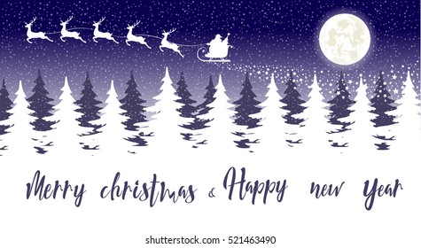Merry Christmas and Happy New Year banner. Silhouette Santa Claus in sleigh with five deers flying over christmas trees forest. Concept holiday poster, flyer, greeting card. Cartoon style. Vector