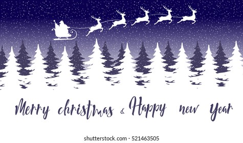 Merry Christmas and Happy New Year banner. Silhouette Santa Claus in sleigh with five deers flying over christmas trees forest. Concept holiday poster, flyer, greeting card. Cartoon style. Vector