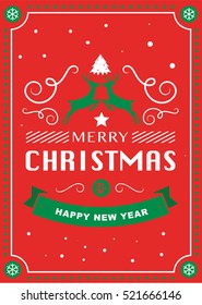 Merry Christmas and Happy New Year greeting card typography flyer template with lettering. Bright fall leaves. Poster, card, label, banner design set. Vector illustration

