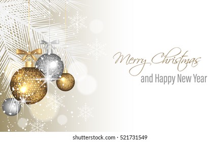 Merry Christmas and Happy New Year greeting card. Vector illustration with ornate hanging baubles.