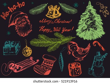 Merry Christmas and Happy New Year collection of color elements on dark. Hand drawn Holiday illustration in vintage style for greeting card, print, wrapping and other Winter holiday 