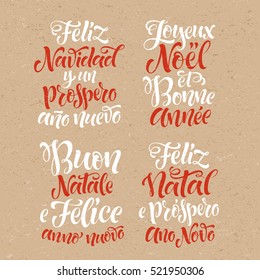 Merry Christmas and Happy New Year lettering set in different languages: Portuguese, Italian, Spanish, French. Holidays vintage calligraphy for invitation and greeting card, prints and posters