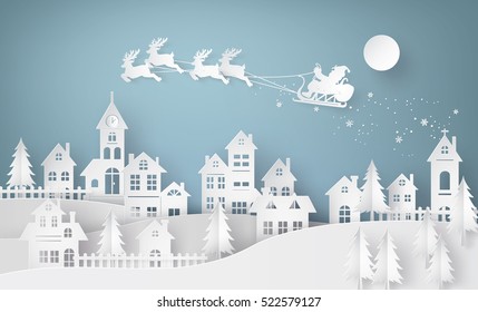 Merry Christmas and Happy New Year. Illustration of Santa Claus on the sky coming to City ,paper art and  digital craft style