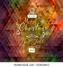 Merry Christmas and Happy New Year. Lettering. Vector Abstract Geometric Background