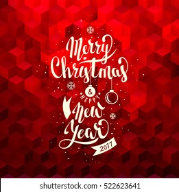 Merry Christmas and Happy New Year. Lettering. Vector Abstract Geometric Background